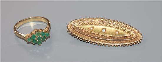 A late Victorian 15ct gold, diamond and seed pearl set mourning brooch and a yellow metal and gem set dress ring.